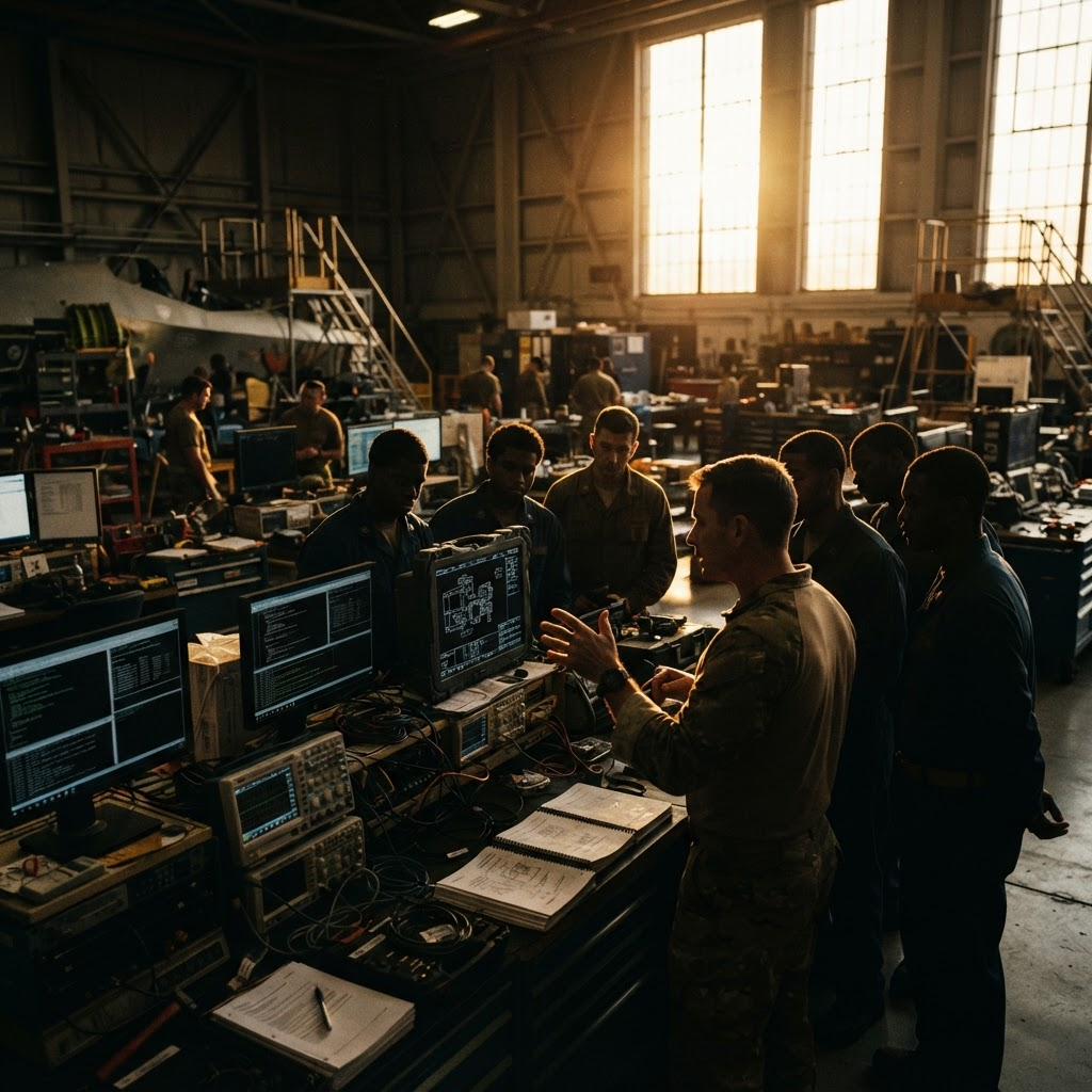 Instructor guiding defense workforce trainees at technical workstations
